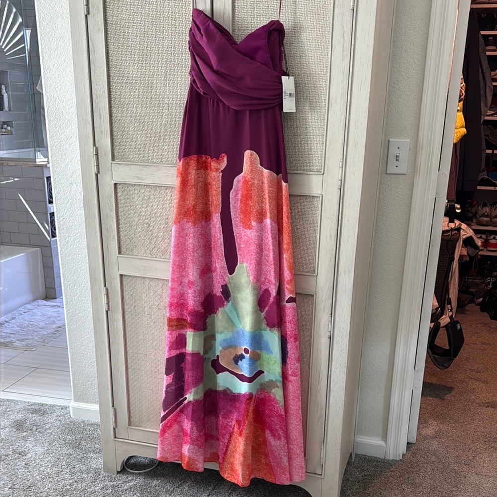 AMUR Strapless Maxi Dress in Plum with Multicolor Floral Print